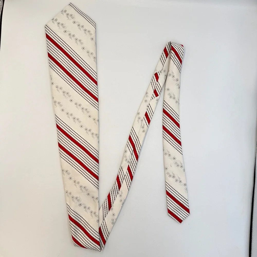 Vintage White Red Black Striped Floral Embroidered‎ Wide Men's Necktie Retro MCM